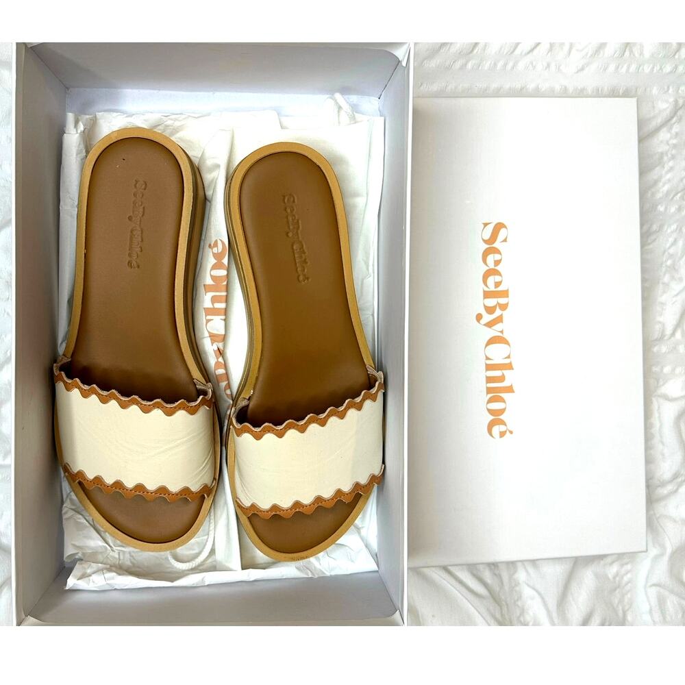 See By Chloe Robin Rickrack-Trim calfskin Leather Wedge Slides Size US 6 w box